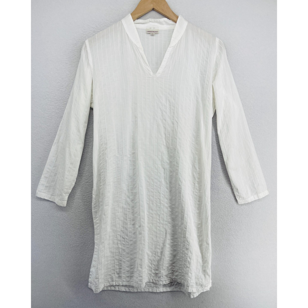 ANOKHI Top M Longline Tunic Pintuck V-Neck Long Sleeve Side Slit Cotton White